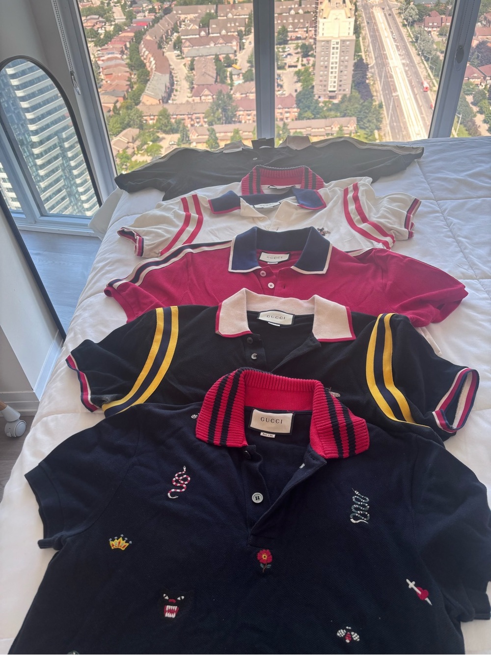 Gucci Men Black Polo with Red Trim and Embroidered Motifs